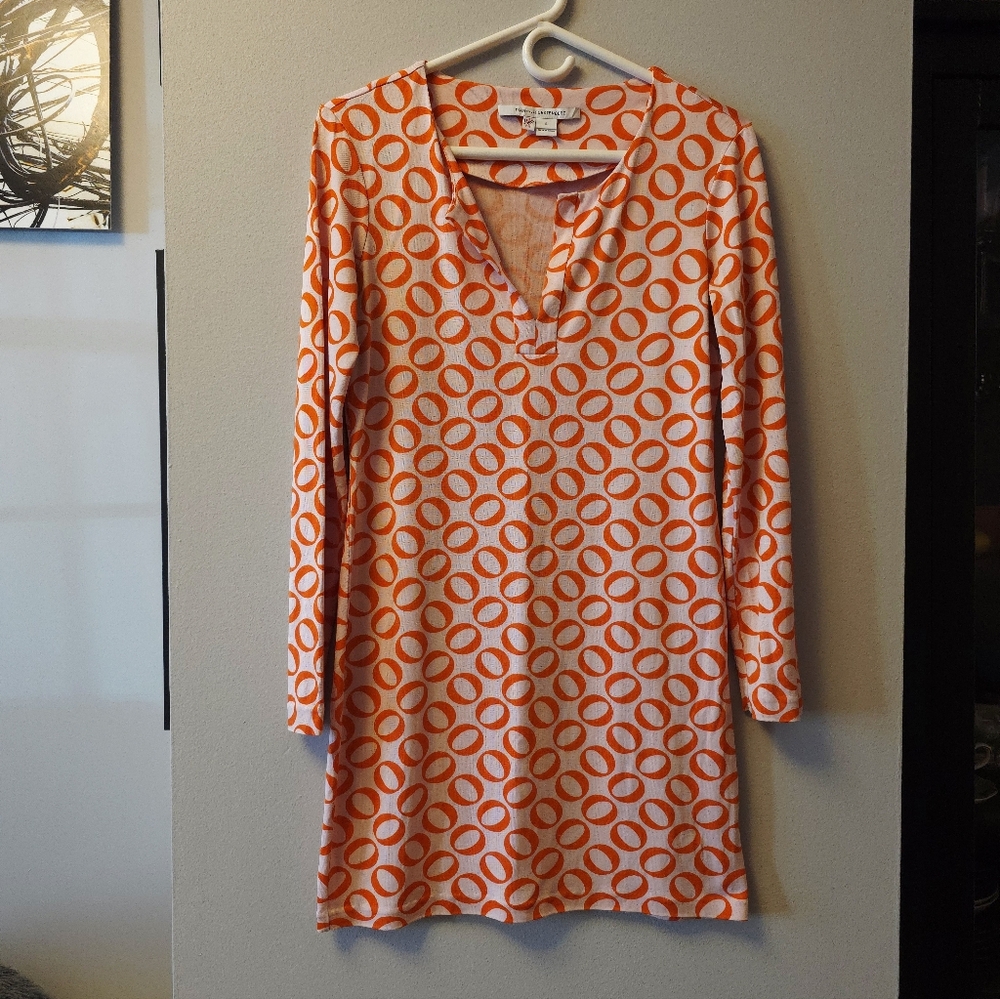 Diane Von Furstenberg Orange and White Long Sleeve Silk Dress